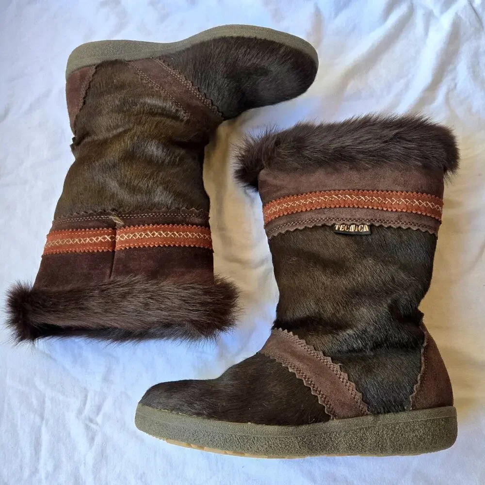 VTG Tecnica Womens Goat Fur Apres Ski Lined Winter Snow Boots Brown Size 5 Italy